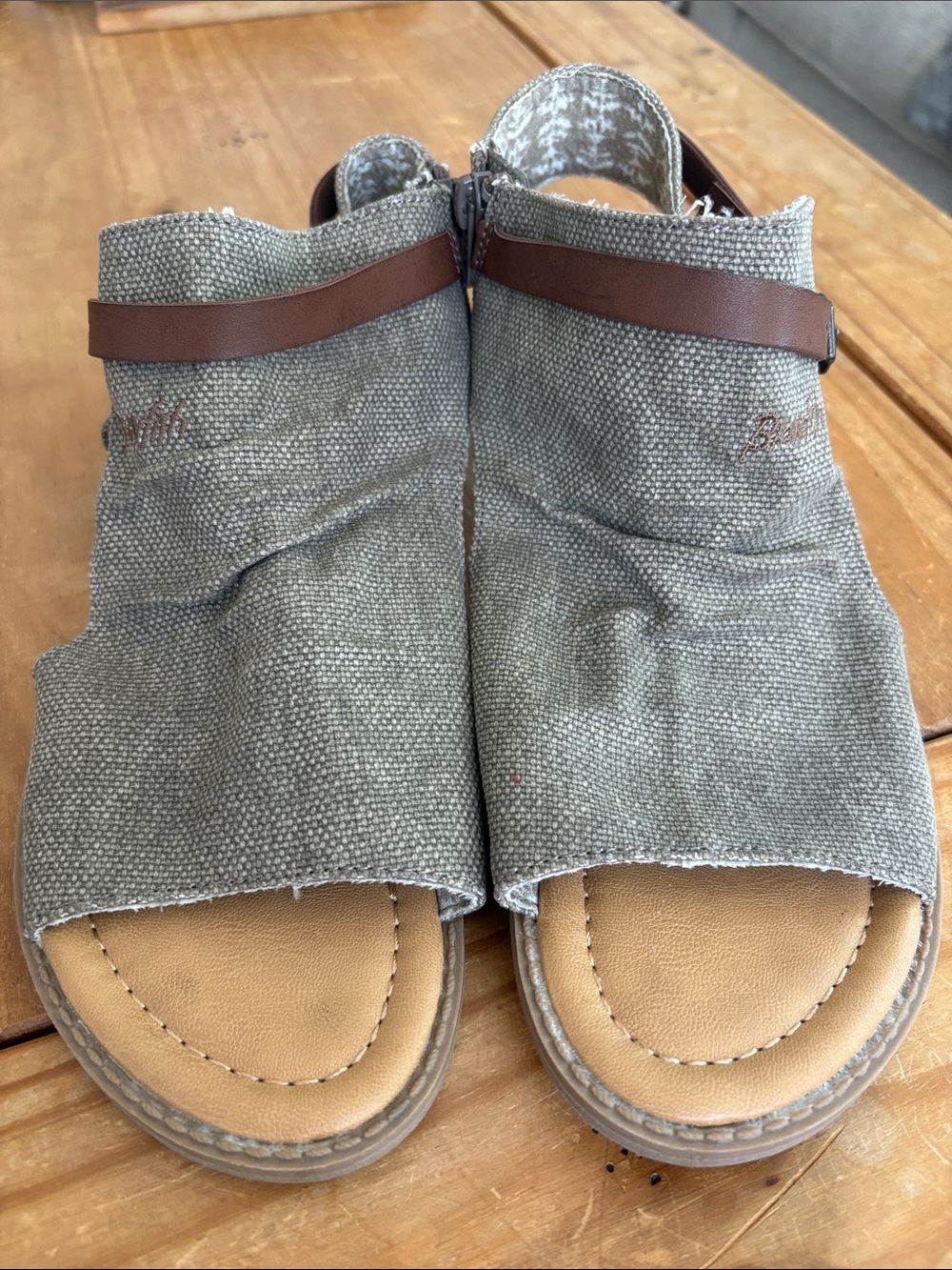 Blowfish Malibu Khaki Brown canvas ankle strap sandals with side zipper Size 8.5